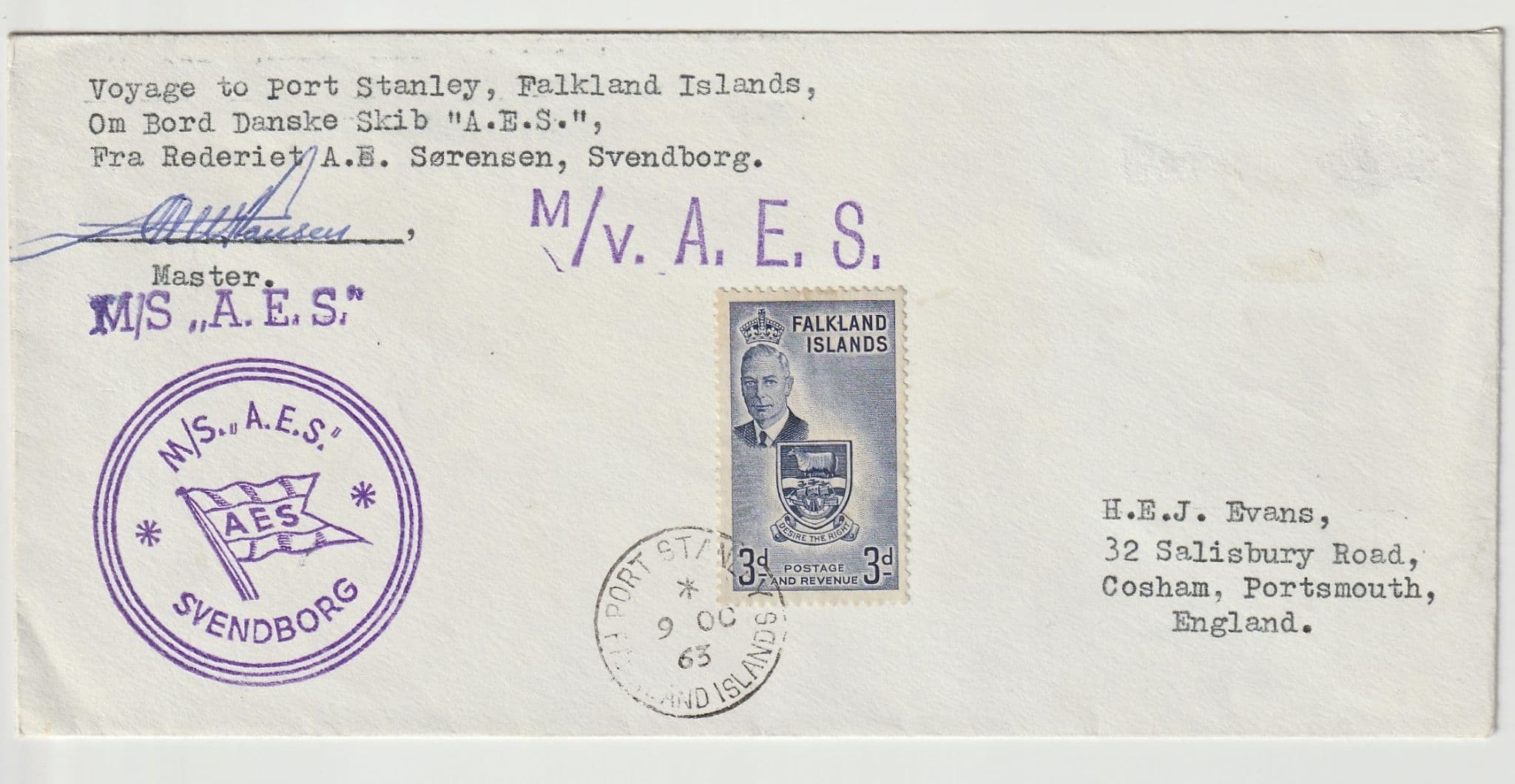 FALKLAND IS. SG176 1952 3d m/v A.E.S. cover